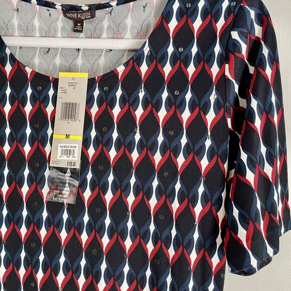 Anne Klein New York Silk Print Short Sleeve Stretch Top Size M Red Blue Sequins - Picture 2 of 15